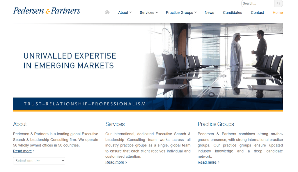 Beranda situs web Pedersen & Partners Juni 2025